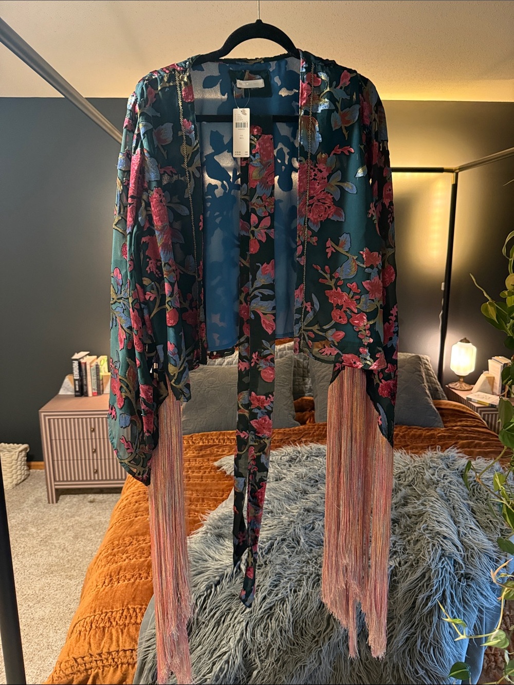 Anthropologie Teal Floral Fringe Kimono Jacket